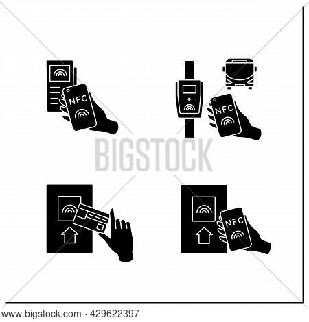 Nfc Technology Glyph Icons Set. Safety Payment System On Smart Watch Or Mobile Phone. Near Field Com