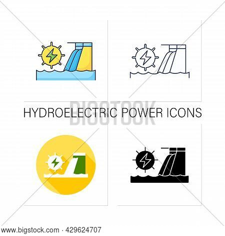 Hydroelectric Power Icons Set.harnesses Water Power. Waterfall Energy Generates Electricity. Electro
