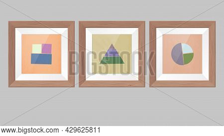 Three Times Three. Geometric Abstractions In Square Wooden Frames. Painting. Print. Grunge Stylizati