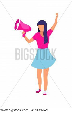 Female Activist With Loudspeaker Semi Flat Color Vector Character. Full Body Person On White. Protes