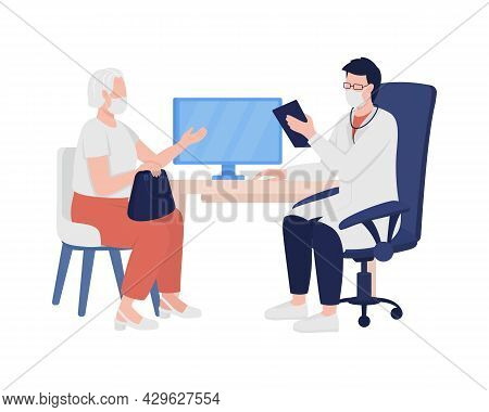 Physician Gathers Patient Medical History Semi Flat Color Vector Characters. Full Body People On Whi