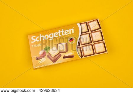 Kaliningrad, Russia - 03.27.2021 - Schogetten Chocolate Trilogia. Delicious Germany Snack. Chocolate
