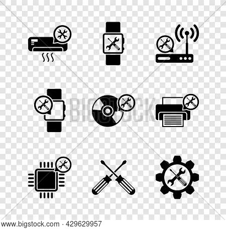 Set Air Conditioner Service, Smartwatch, Router Wi-fi, Processor, Crossed Screwdrivers, Wrench And I