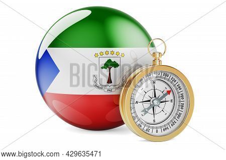Compass With Equatoguinean Flag. Travel And Tourism In Equatorial Guinea Concept. 3d Rendering Isola