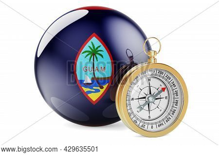 Compass With Guamanian Flag. Travel And Tourism In Guam Concept. 3d Rendering Isolated On White Back