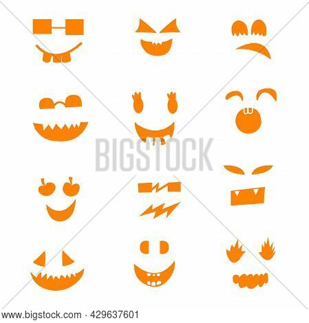 Halloween Orange Face Pumpkin On Isolated White Background. Weird Funny Face Design, Scary Face Of A