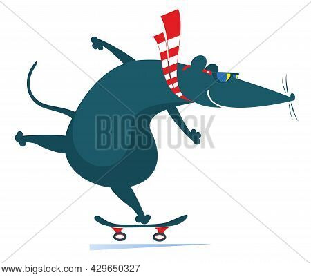 Cartoon Rat Or Mouse A Skateboarder Isolated Illustration. 
Funny Rat Or Mouse Skatting. Active Life