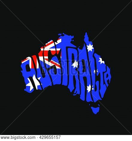 Australia Map Lettering In Map Shape. Australia Map Typography Vector On Black Background. Australia