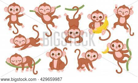 Cute Cartoon Jungle Baby Monkey Character Poses. Exotic Tropical Animal Mascot, Ape Jumping On Tree,