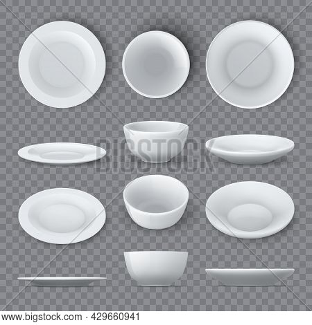 Dinner Plates Mockups. Realistic White Ceramic Dishes And Empty Bowl Top, Angle And Side Views. Porc
