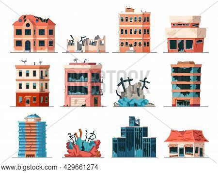 Old Ruined, Abandoned And Collapsed City Office Buildings. Apartment Houses Damaged By War Or Earthq