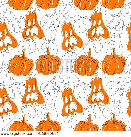 Vector Halloween Seamless Pattern. Black Icons Of Skull, Spider, Web, Pumpkins. Design Elements For