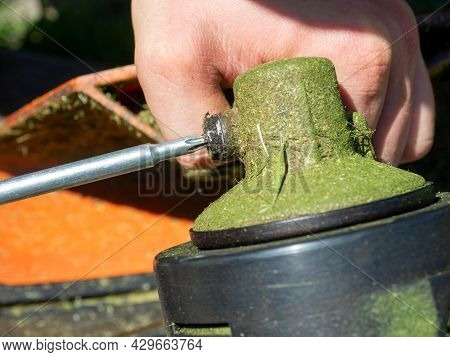 Close-up Of Unscrewing The Screw On The Gearbox Of The Grass Mowing Trimmer. Maintenance Of Equipmen