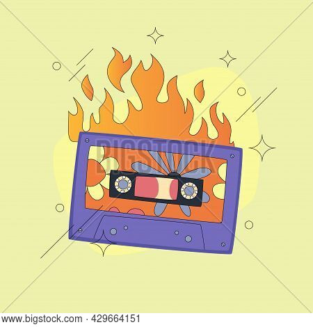 Cassette Tape On Fire Comic Style Design. Burning Mixtape Over Green Background. Flat And Line Vecto