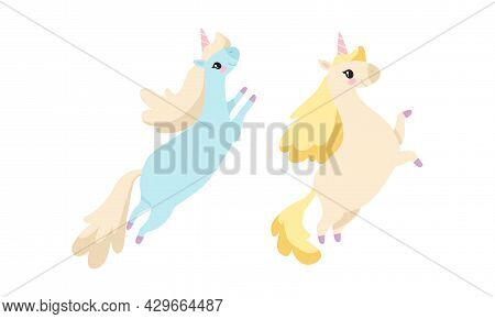Cute Unicorn Character With Pointed Spiraling Horn And Mane Jumping Vector Set