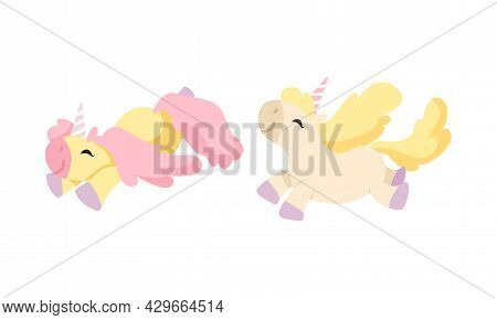 Cute Unicorn Character With Pointed Spiraling Horn And Mane Vector Set