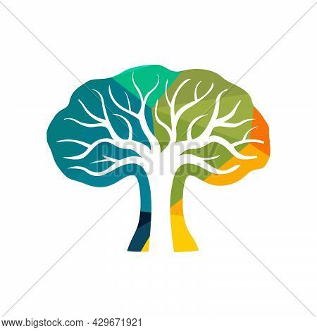Abstract White Silhouette Of Tree On Colorful Polygonal Background.