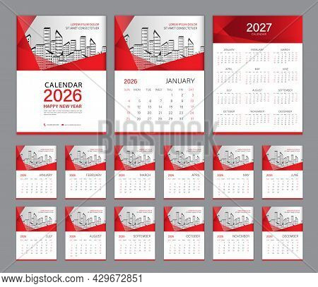 Wall Calendar 2026 Template Set And Calendar 2027 Design, Red Cover. Week Starts On Sunday, Set Of 1