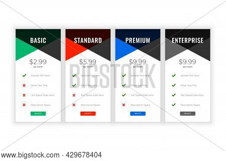 Clean Plans And Pricing Comparision Web Template Design Vector Illustration