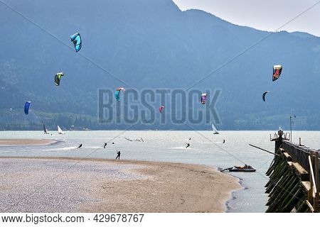 Squamish, British Columbia, Canada - July 28, 2018. Howe Sound Kite Surfing Squamish. Kiteboarders A