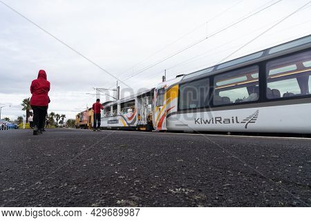 Hamilton New Zealand - July 26 2021; Kiwi Rail Northern Explorer Tourist Train 7322 Stopped At Frank