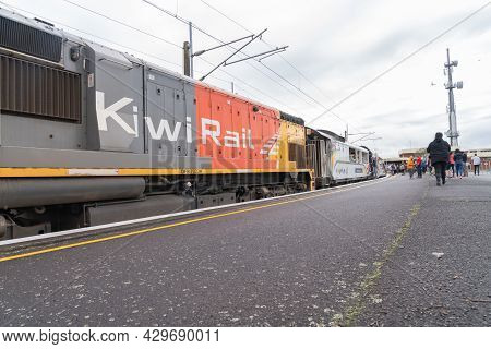 Hamilton New Zealand - July 26 2021; Kiwi Rail Northern Explorer Tourist Train 7322 Stopped At Frank