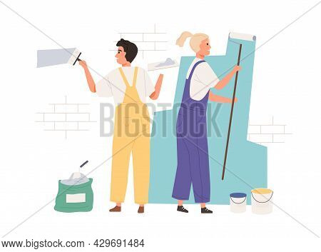 Painters Dyeing Wall With Paint Roller And Brush Tool. Happy Workers Painting Building With Paintbru