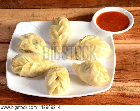 Veg Steam Momo. Nepalese Traditional Dish Momo Stuffed With Vegetables And Then Cooked And Served Wi