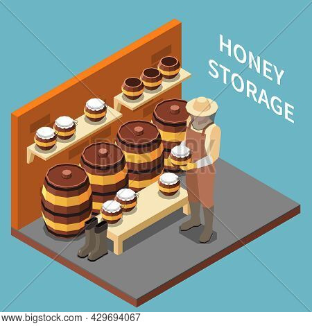 Honey Storage Isometric Background With Beekeeper Character In Uniform Holding Barrel Of Honey Vecto