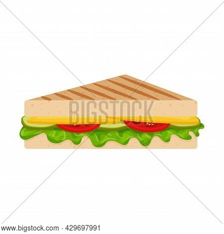 Grilled Sandwich With Herbs, Cheese, Tomatoes And Cucumbers. Fast Food, Snacks. Flat Cartoon Style, 
