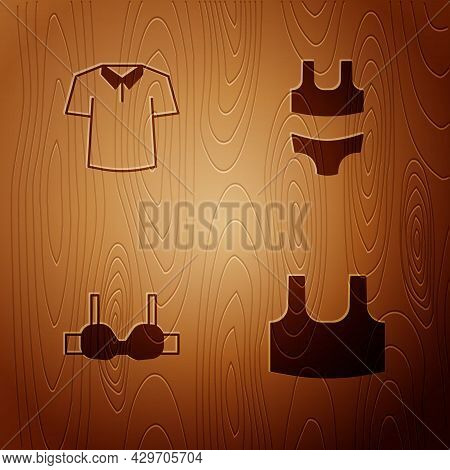 Set Undershirt, Shirt, Bra And Swimsuit On Wooden Background. Vector