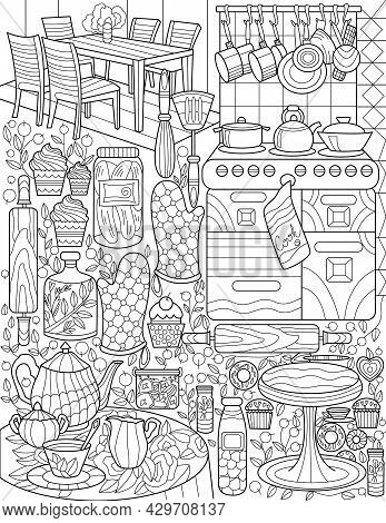 Home Kitchen Doodle Stove Pot Holder Table Tea Set Dining Colorless Line Drawing. Mutiple Cooking Su
