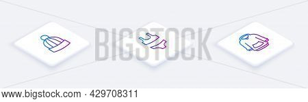 Set Isometric Line Winter Hat, Swimsuit And Hoodie. White Square Button. Vector