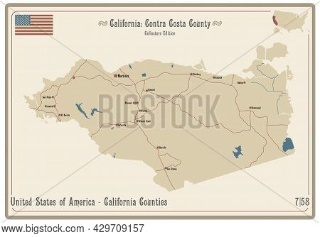 Map On An Old Playing Card Of Contra Costa County In California, Usa.