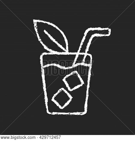 Iced Tea Chalk White Icon On Dark Background. Refreshing Summer Beverage Served In Glass. Cold Sweet