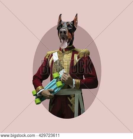 Retro Portrait. Model Like Medieval Royalty Person Headed Of Dogs Head In Vintage Clothing. Concept 