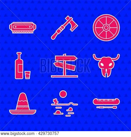 Set Road Traffic Signpost, Desert Landscape With Cactus, Kayak Or Canoe Paddle, Buffalo Skull, Mexic