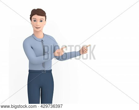 The Character Of A Man Dressed In Business Points To The Side. A Smiling, Positive Businessman Point