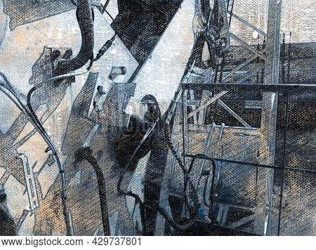 Digital Art. Industrial Background. Assemblies And Mechanisms Of A Gantry Crane. The Place Of Connec