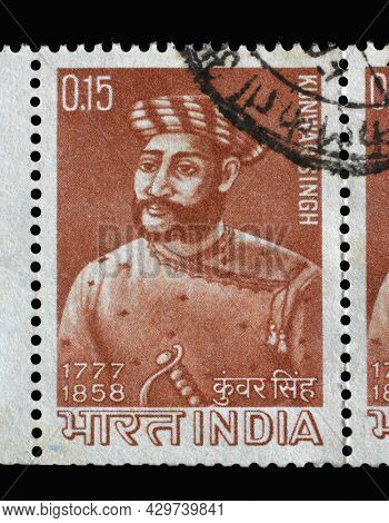 ZAGREB, CROATIA - SEPTEMBER 11, 2014: Stamp printed in India shows Kunwar Singh (1777-1858), Commemoration, circa 1966