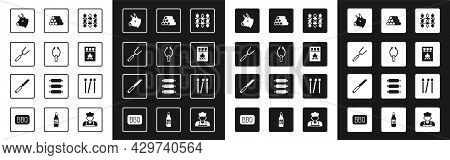 Set Grilled Shish Kebab, Meat Tongs, Barbecue Fork, Cow Head, Matchbox And Matches, Wooden Logs, Mat