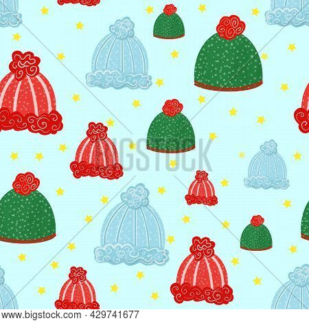 Winter Hats Seamless Pattern. Hats With Pumpon
