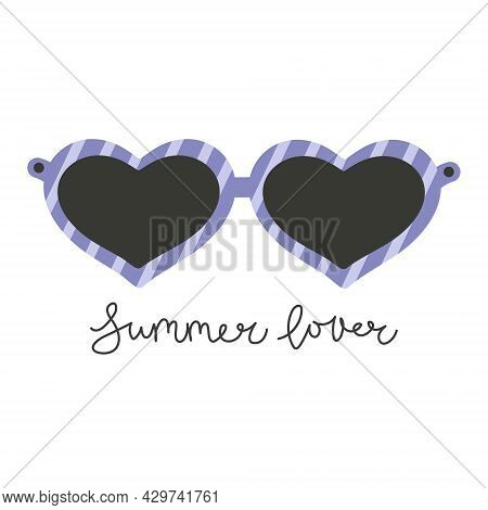 Vector Illustration Of Blue Sunglasses In Shape Of Heart With Lettering Prase Summer Lover