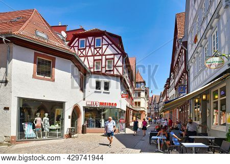 Mosbach, Germany - June 2021: Historic Town Center With Timber-framed Houses In Main Street On Sunny