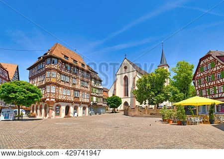 Mosbach, Germany - June 2021: Market Place With Timber-framed Houses At Historic Town Center On Sunn