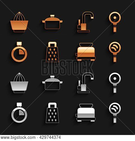 Set Grater, Frying Pan, Toaster, Stopwatch, Water Tap, Citrus Fruit Juicer And Cooking Pot Icon. Vec