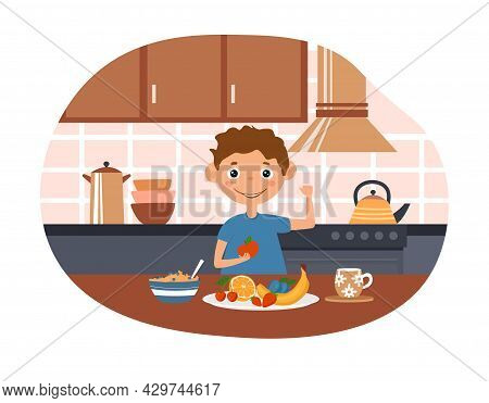 Cute Little Boy Is Eating Fruits And Showing His Strength In The Kitchen. Concept Of Little Male Cha