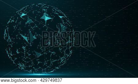 Abstract Blue Connecting Dots And Lines With Dark Background Connection Structure. Big Data Visualiz