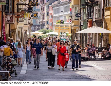 Crowded Old Town District In The City Of Innsbruck - Innsbruck, Austria - July 29, 2021