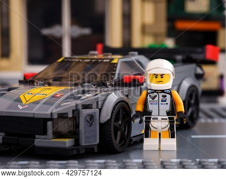 Tambov, Russian Federation - July 02, 2021 Lego Chevrolet Corvette C8.r Race Car Driver Minifigure B